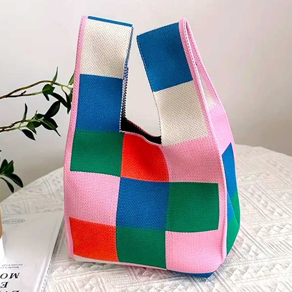 Heavy Woven Knit Block Pattern Tote Purse Bag Japanese Knot  Closure Style